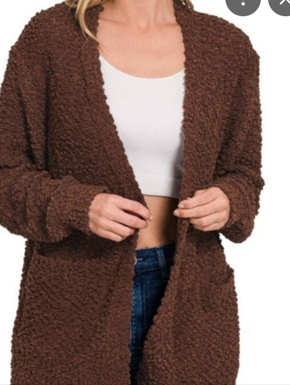 Zenana Rich Deep Brown Popcorn Texture Open Front Cardigan With Pockets